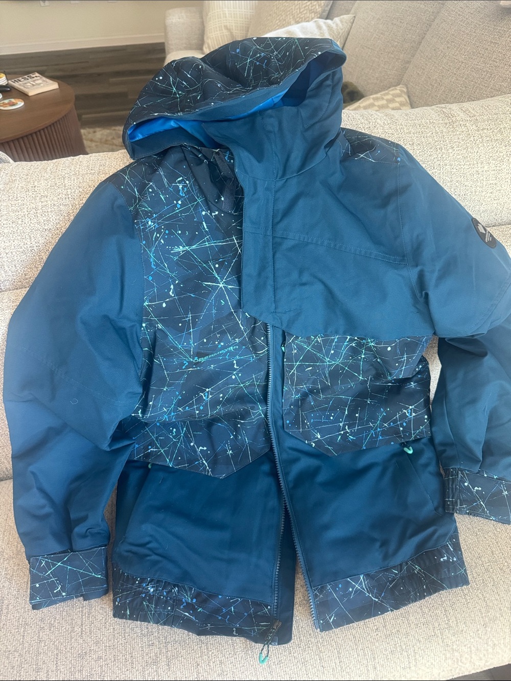 Obermeyer Teal Blue Kids Hooded ski jacket with Constellation Print